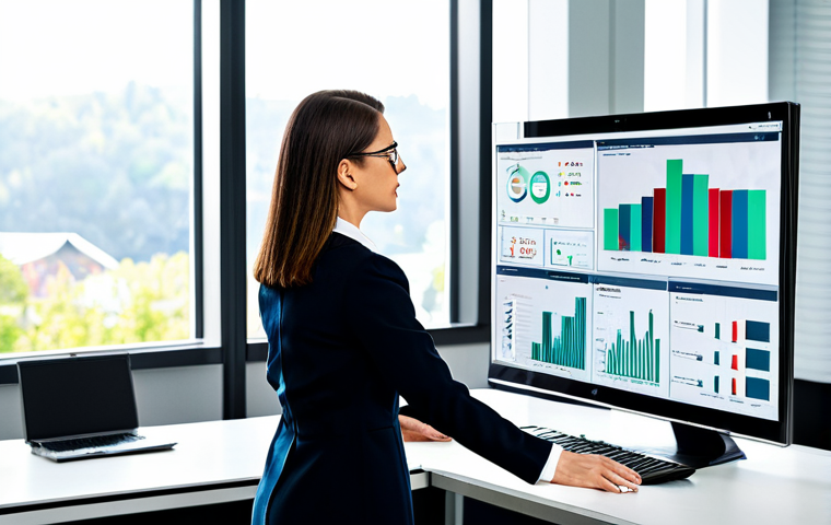 Data-Driven Risk Assessment**
"A professional image depicting a modern office setting. Focus on a businesswoman in a modest, professional dress using a data analytics dashboard on a large monitor. The dashboard displays charts and graphs illustrating risk assessment and predictive analysis. Background elements include colleagues collaborating and a clean, organized workspace. The overall tone is intelligent, efficient, and forward-thinking. fully clothed, safe for work, appropriate content, perfect anatomy, natural proportions, professional photography, high quality, family-friendly."
**