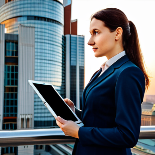 Home 7 **
"A professional businesswoman in a tailored, elegant suit (appropriate attire) standing in front of the Warsaw Stock Exchange, holding a tablet displaying financial data. Background shows the city skyline at sunset. Confident expression. Safe for work, fully clothed, modest, professional photography, perfect anatomy, correct proportions, well-formed hands, natural pose, appropriate content."
**