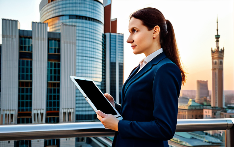 **
"A professional businesswoman in a tailored, elegant suit (appropriate attire) standing in front of the Warsaw Stock Exchange, holding a tablet displaying financial data. Background shows the city skyline at sunset. Confident expression. Safe for work, fully clothed, modest, professional photography, perfect anatomy, correct proportions, well-formed hands, natural pose, appropriate content."
**
